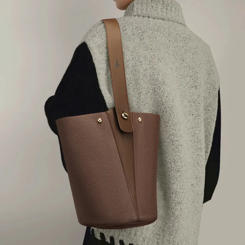 ST&SAT Synthetic Leather Shoulder Bag, Bucket Bag, Handbag Women's Coffee/Red Brown/Green-3