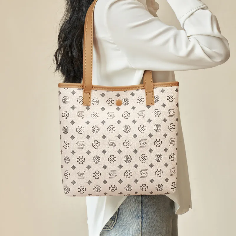 ST&SAT Synthetic Leather Tote Bag, Shopping Bag, Shoulder Bag Women's Coffee/Ecru-9