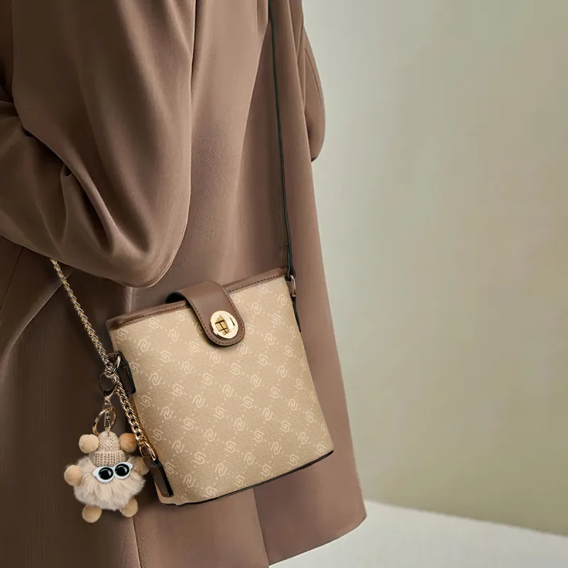 ST&SAT PVC With Synthetic Leather Bucket Bag, Shoulder Bag, Crossbody Bag Regular Women's Coffee/Apricot-5