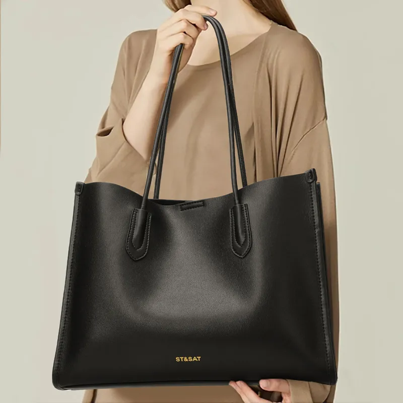 ST&SAT Cow Leather Tote Shoulder Bag Handbag Large Size Women's Dark Brown/Black-7