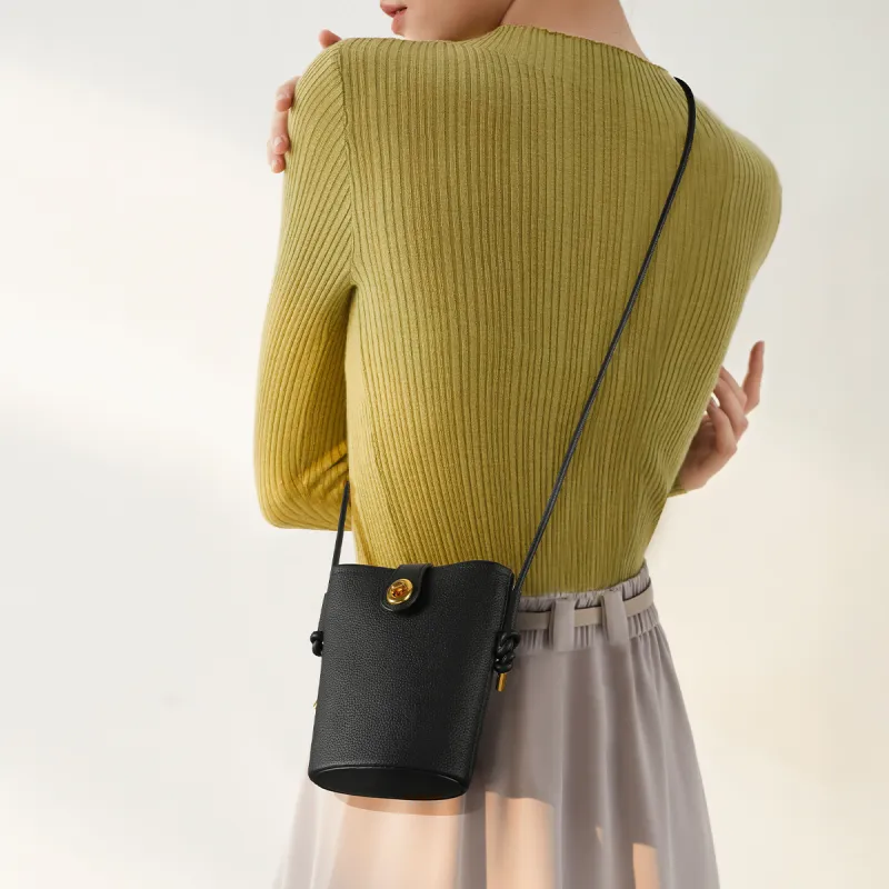 ST&SAT Cow Leather Bucket Bag With Cell Phone Pouch Crossbody Bag Shoulder Bag Regular Women's Khaki/Apricot/Ecru/Black-18