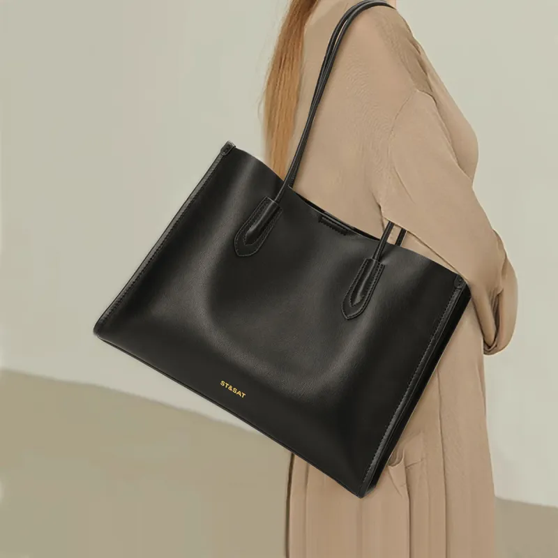 ST&SAT Cow Leather Tote Shoulder Bag Handbag Large Size Women's Dark Brown/Black-14