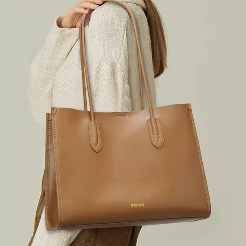 ST&SAT Cow Leather Tote Shoulder Bag Handbag Large Size Women's Dark Brown/Black-10