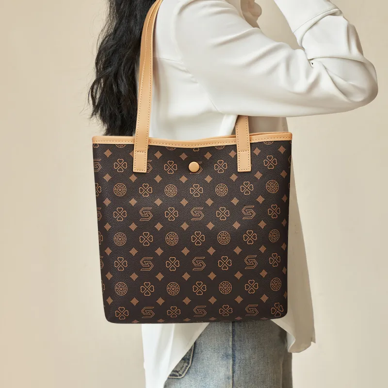ST&SAT Synthetic Leather Tote Bag, Shopping Bag, Shoulder Bag Women's Coffee/Ecru-5