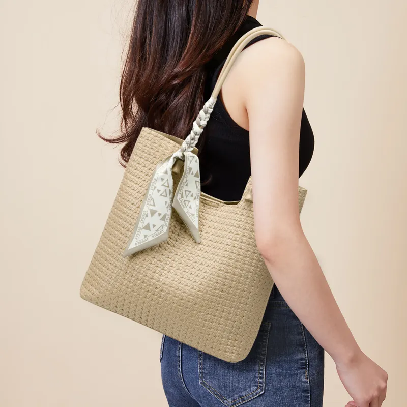 ST&SAT Synthetic Leather Handbag, Shoulder Bag Large Size Women's White/Khaki-4