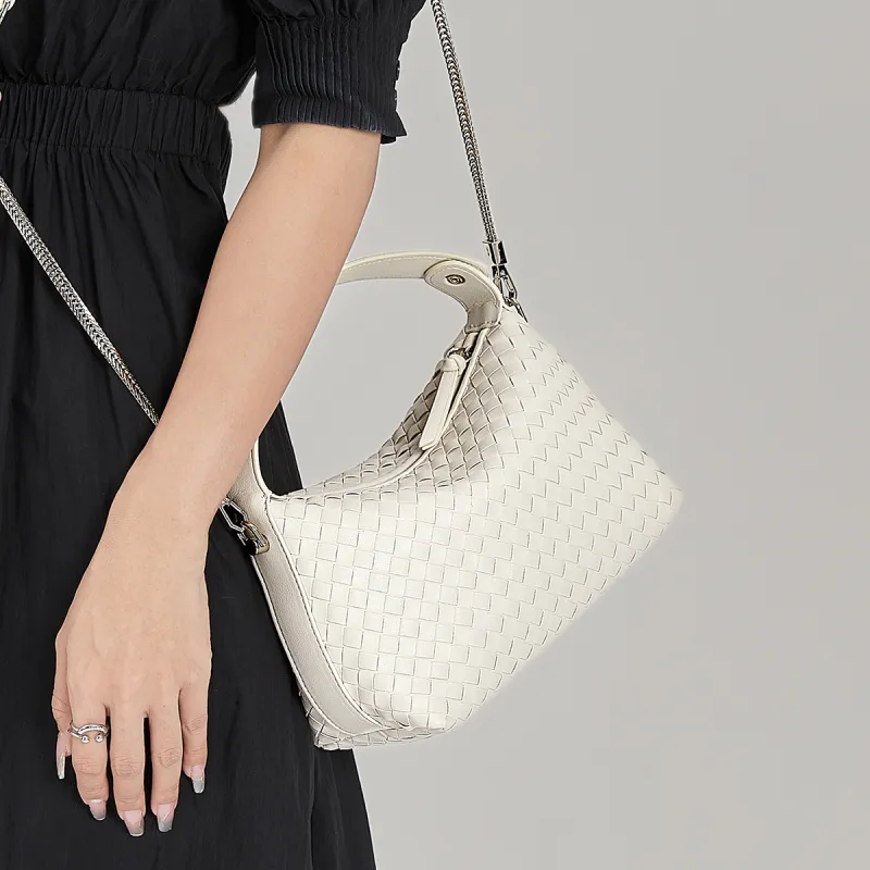 ST&SAT Cow Leather Shoulder Bag Crossbody Bag Handbag Woven Bag Large Size Women's Ecru-4