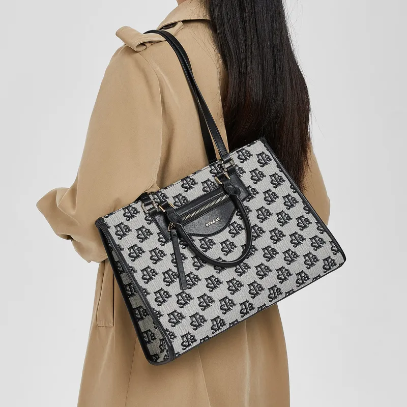 ST&SAT Fabric Handbag Shoulder Bag Tote Bag Shopping Bag Mom Bag Shoulder Bag Large Size Women's Black-4