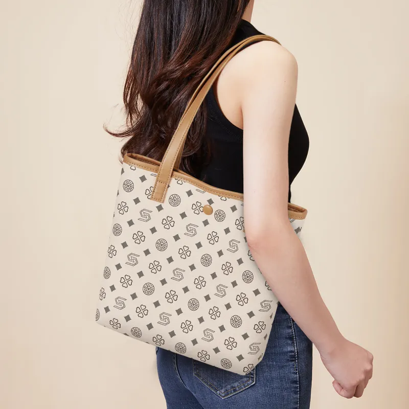 ST&SAT Synthetic Leather Tote Bag, Shopping Bag, Shoulder Bag Women's Coffee/Ecru-10