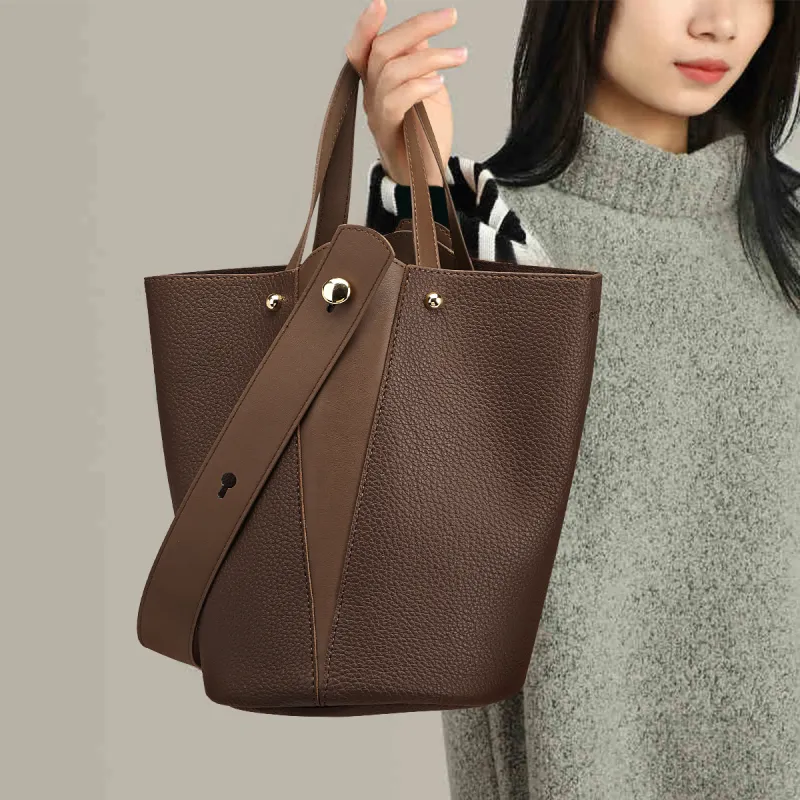 ST&SAT Synthetic Leather Shoulder Bag, Bucket Bag, Handbag Women's Coffee/Red Brown/Green-4