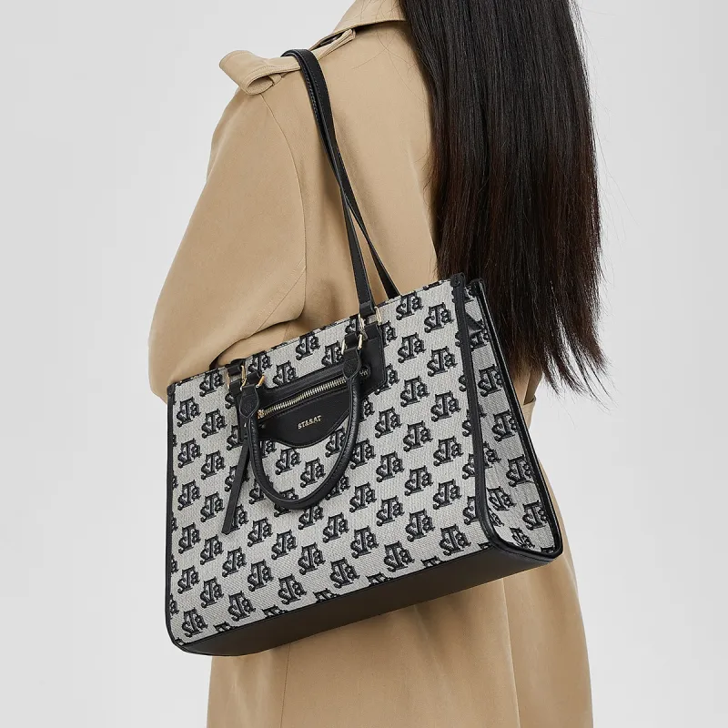 ST&SAT Fabric Handbag Shoulder Bag Tote Bag Shopping Bag Mom Bag Shoulder Bag Large Size Women's Black-2