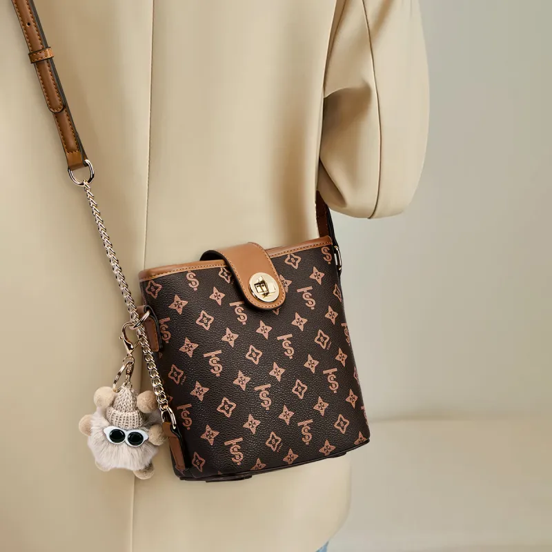 ST&SAT PVC With Synthetic Leather Bucket Bag, Shoulder Bag, Crossbody Bag Regular Women's Coffee/Apricot-1