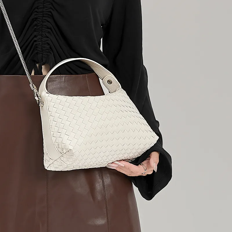ST&SAT Cow Leather Shoulder Bag Crossbody Bag Handbag Woven Bag Large Size Women's Ecru-21