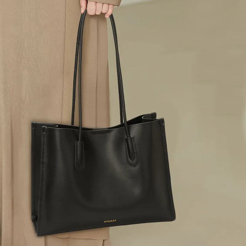 ST&SAT Cow Leather Tote Shoulder Bag Handbag Large Size Women's Dark Brown/Black-16