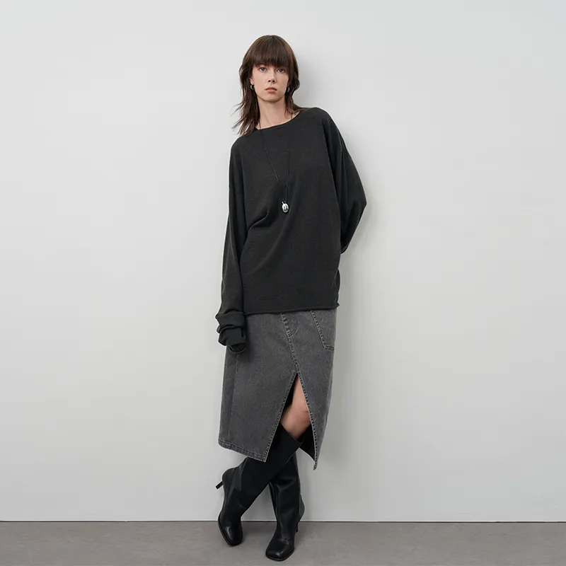 SINBOS Denim Long Skirt Women's Black Gray-2