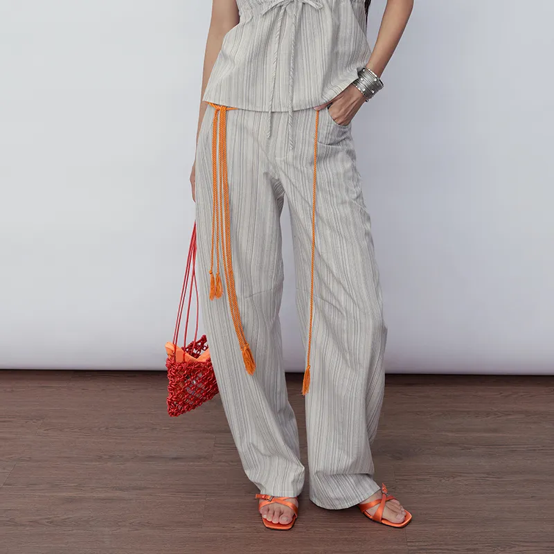 SINBOS Casual Pants Women's Elegant Gray Stripes-5