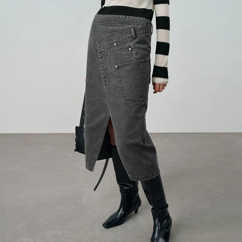 SINBOS Denim Long Skirt Women's Black Gray-3