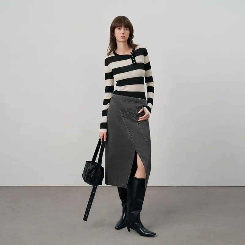 SINBOS Denim Long Skirt Women's Black Gray-5