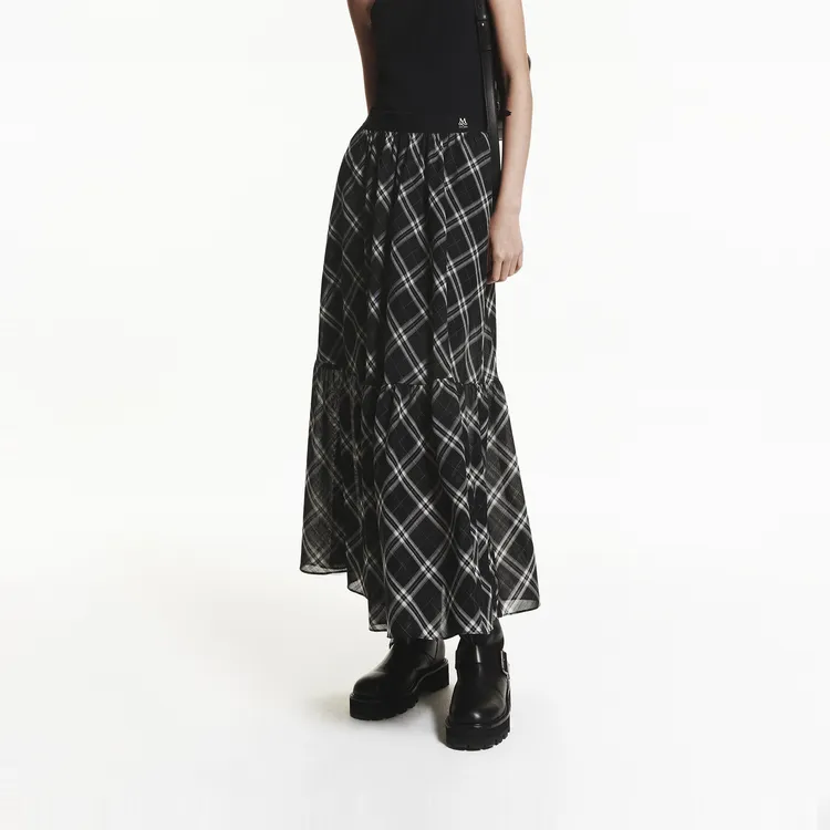 MOCO Casual Long Skirt Women's Black White Plaid-3