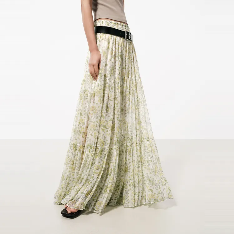 MOCO SS24 Casual Long Skirt Women's White Base With Green Print-5