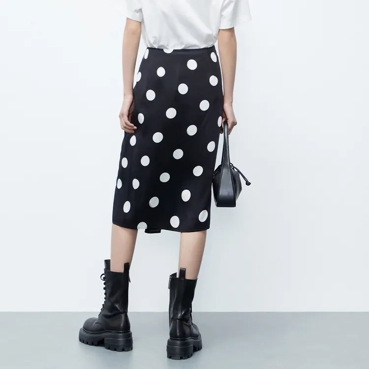 MO&CO Casual Long Skirts Women's Black White Polka Dot-3