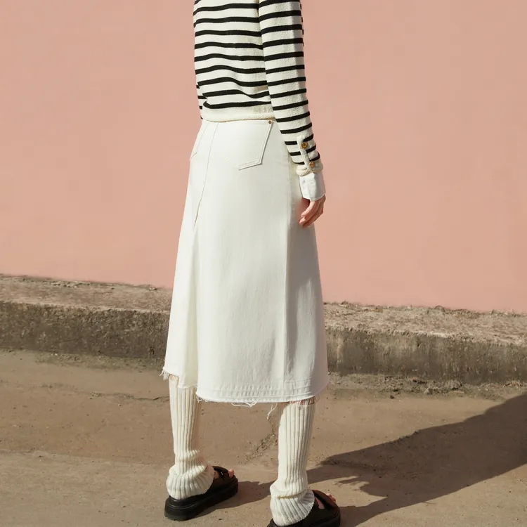 MO&CO Casual Long Skirts Women's Denim White-3