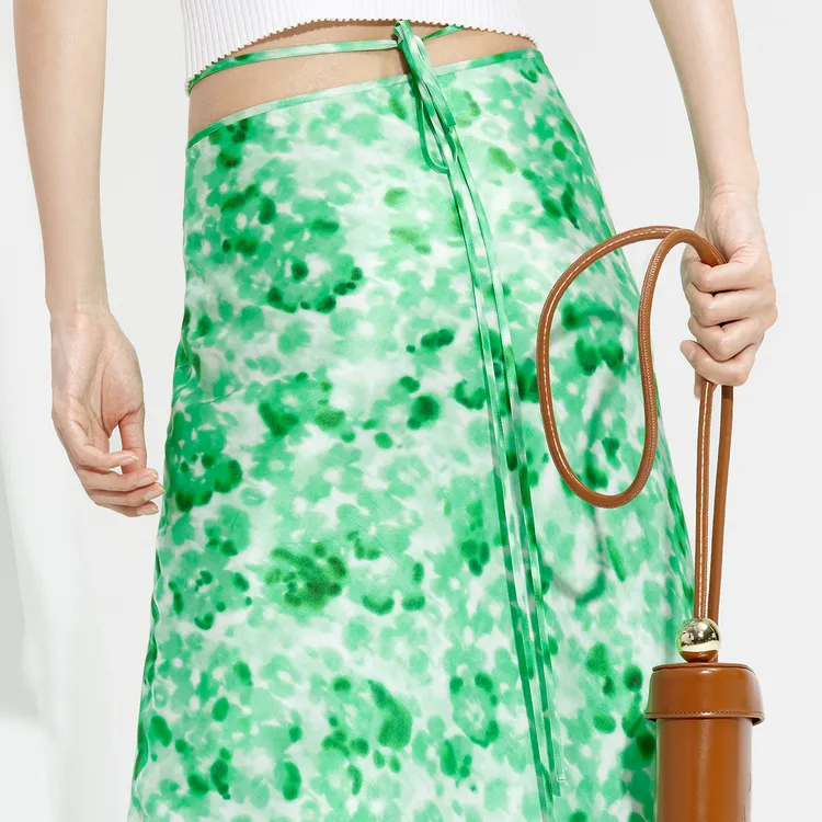 MOCO Casual Long Skirts Women's Green White Mixed Color-5