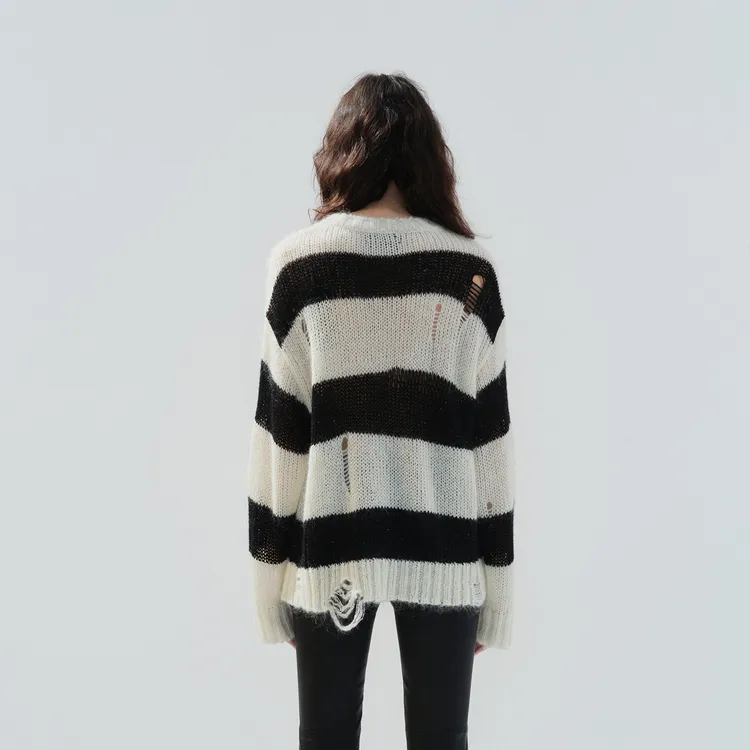 MOCO Sweater Women's White Black Stripes-2