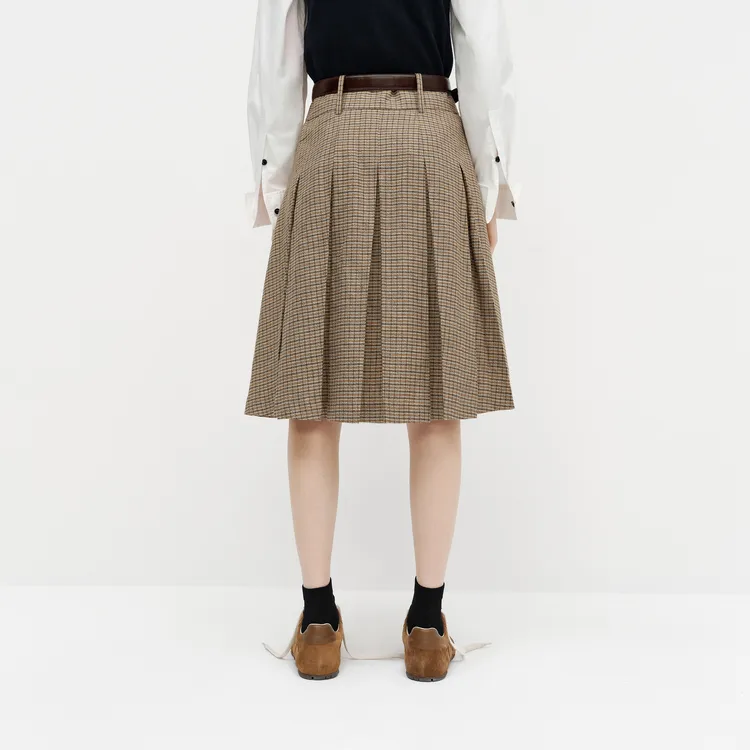 MOCO Casual Long Skirts Women's Gray Brown Plaid-3