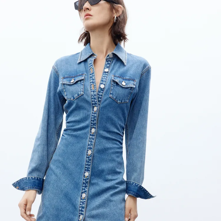 MO&CO Long Sleeved Dresses Women's Denim Blue-2
