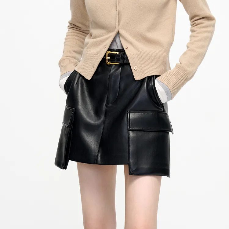 MO&CO Leather Short Skirts Women's Black-4