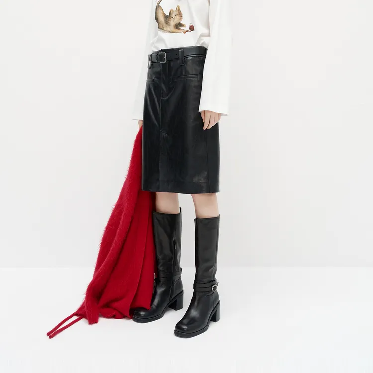MOCO Leather Long Skirts Women's Black-3