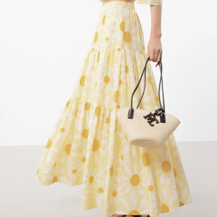 MOCO Casual Long Skirts Women's Yellow Base With Mixed Print-5