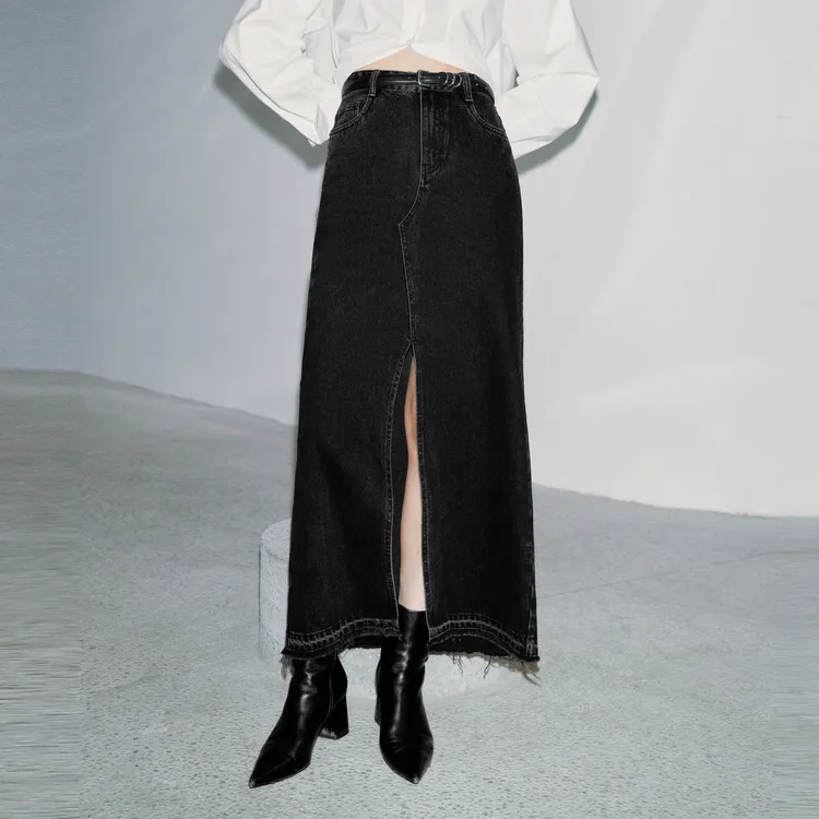 MO&CO Denim Long Skirts Women's Denim Black-2