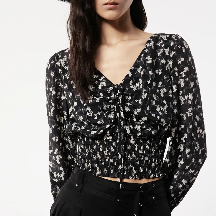 MO&CO Crop Tops Women's Black Sole With Small Floral-3