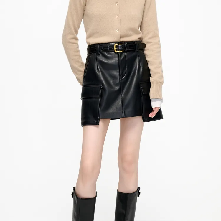 MO&CO Leather Short Skirts Women's Black-5