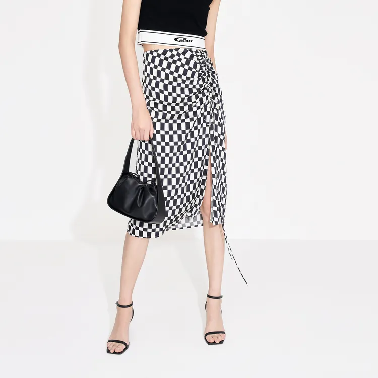 MO&CO Casual Long Skirts Women's Black White Plaid-5