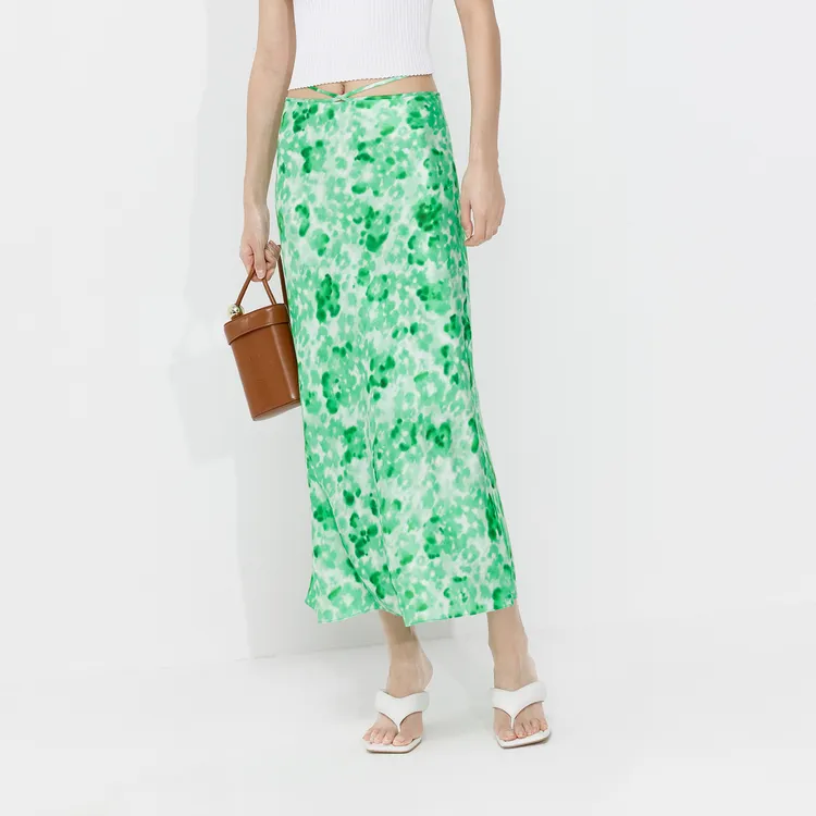 MOCO Casual Long Skirts Women's Green White Mixed Color-2
