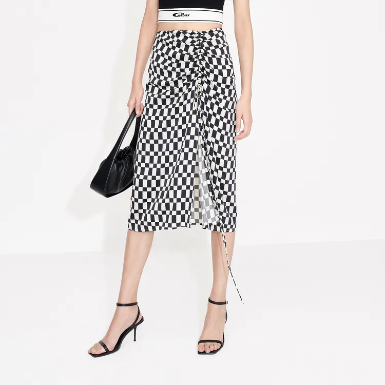 MO&CO Casual Long Skirts Women's Black White Plaid-4