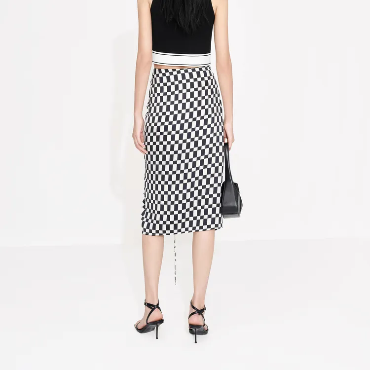 MO&CO Casual Long Skirts Women's Black White Plaid-2