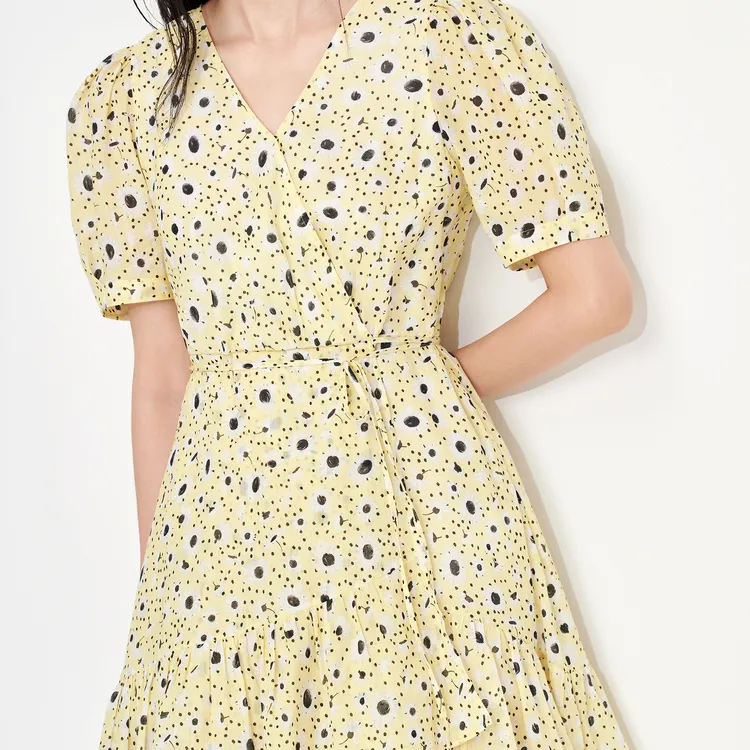 MO&CO Short Sleeved Dresses Women's Yellow With Small Floral-3