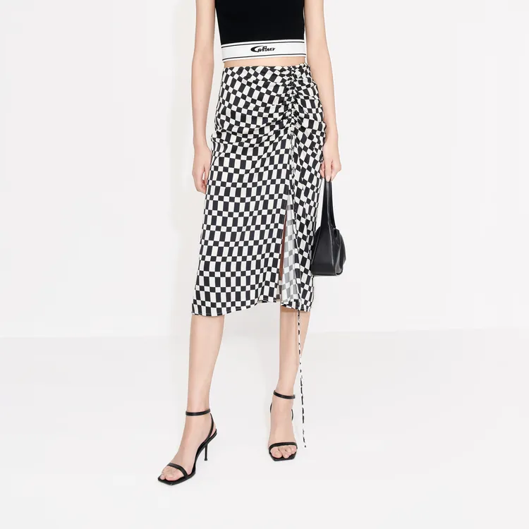 MO&CO Casual Long Skirts Women's Black White Plaid-1