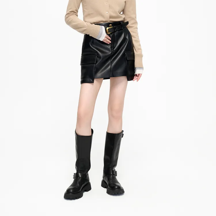 MO&CO Leather Short Skirts Women's Black-2