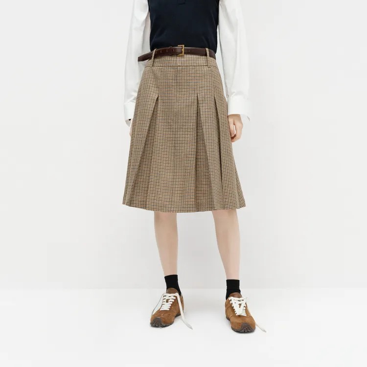 MOCO Casual Long Skirts Women's Gray Brown Plaid-1
