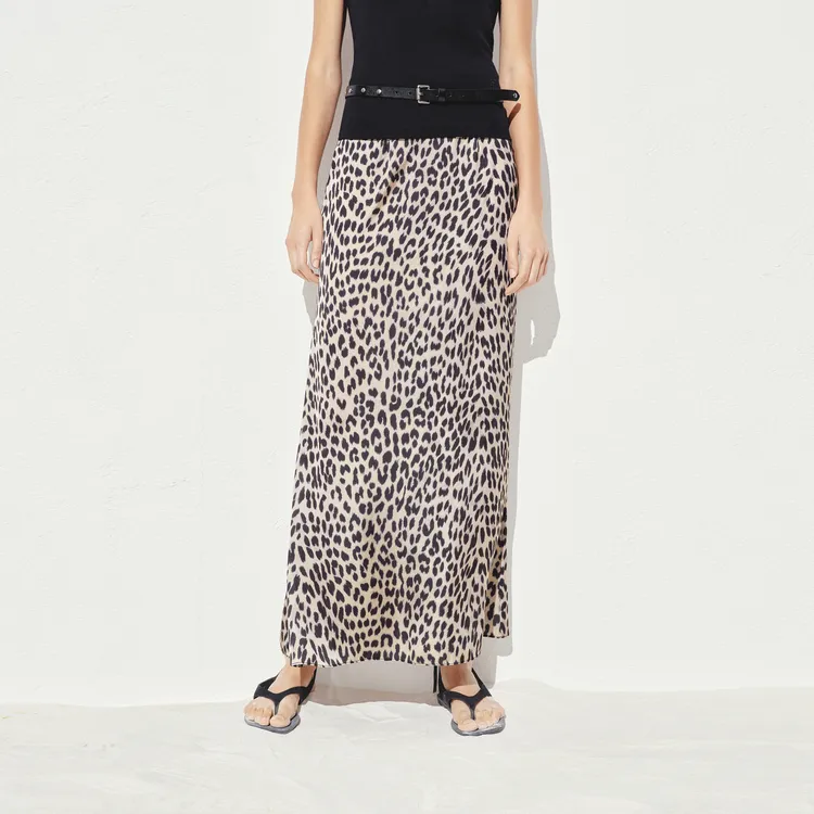 MOCO Casual Long Skirt Women's Camel Brown Leopard Print-2