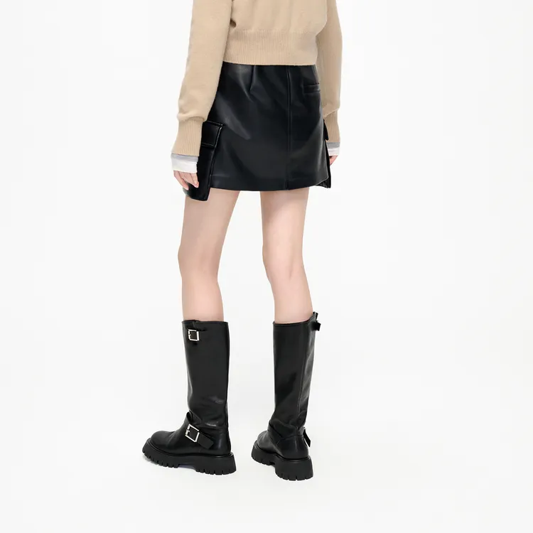 MO&CO Leather Short Skirts Women's Black-3