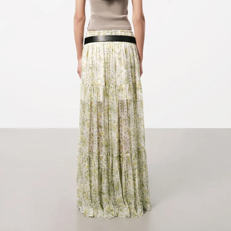 MOCO SS24 Casual Long Skirt Women's White Base With Green Print-3