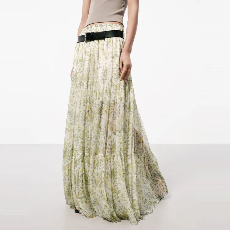 MOCO SS24 Casual Long Skirt Women's White Base With Green Print-4