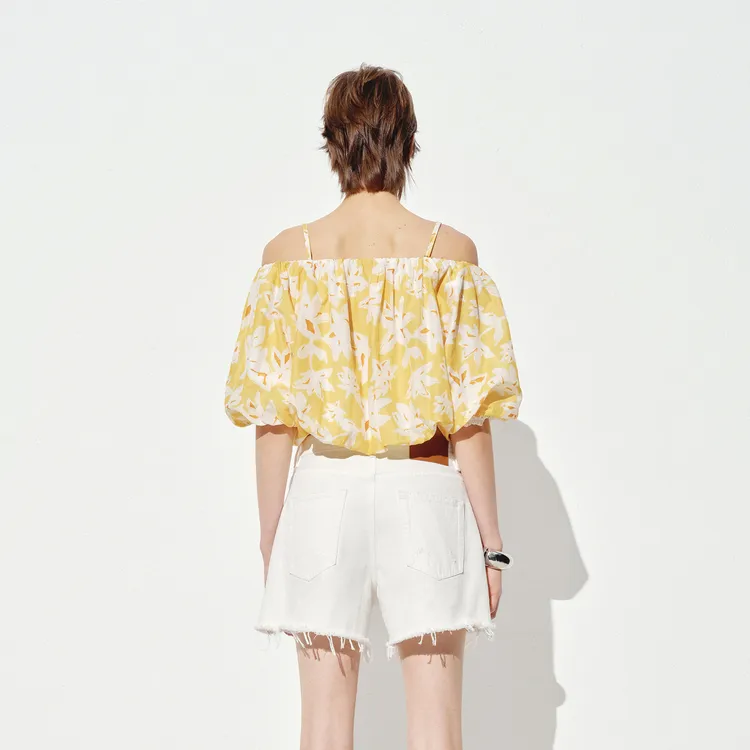 MOCO Puff Sleeve T Shirt Women's Floral Yellow-2