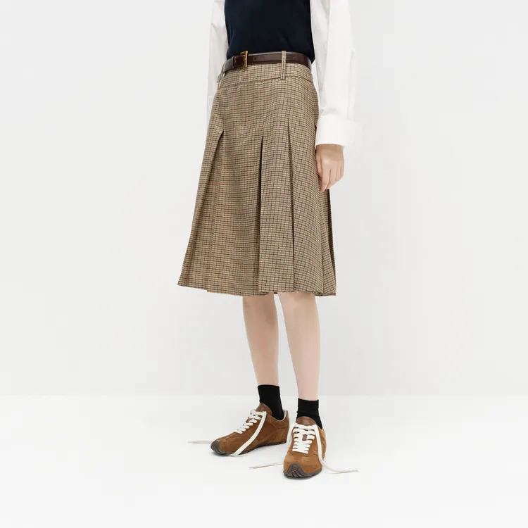 MOCO Casual Long Skirts Women's Gray Brown Plaid-2