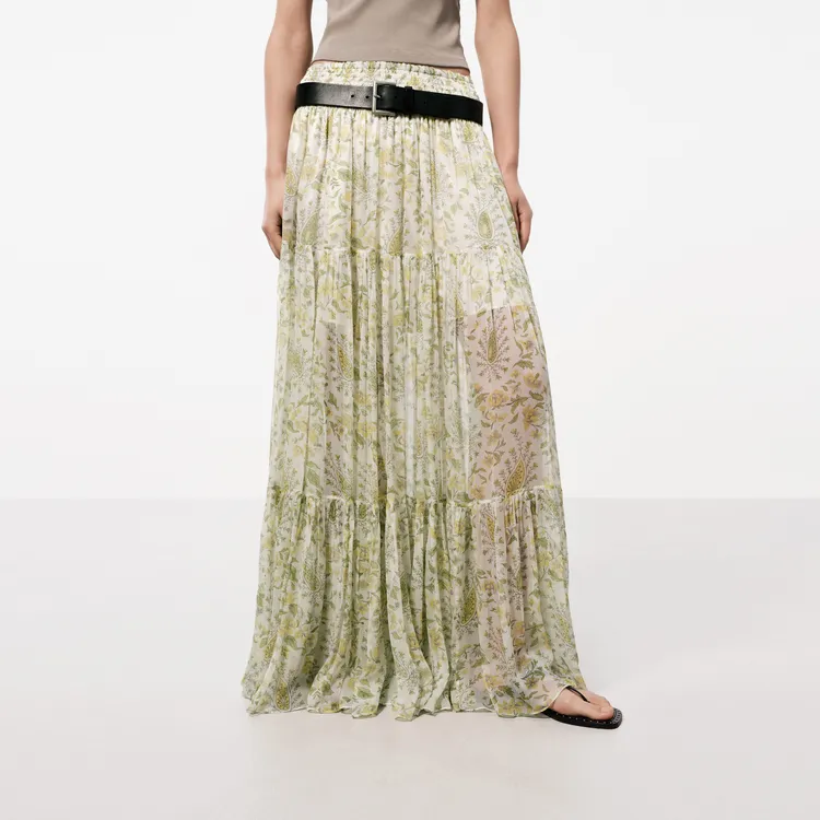 MOCO SS24 Casual Long Skirt Women's White Base With Green Print-2
